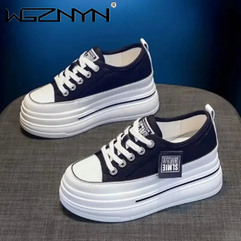 Vulcanized Platform Sneakers Wedge Shoes Non-slip Casual Shoes Women 2025 Autumn Lace-up Comfort Denim Canvas Shoes Thick Sole