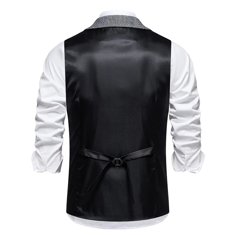 New Men's Retro Lapel Vest Herringbone Coarse Tweed Pockets Suit Vest British Casual Vintage Gentleman Leisure Party Bar Banquet