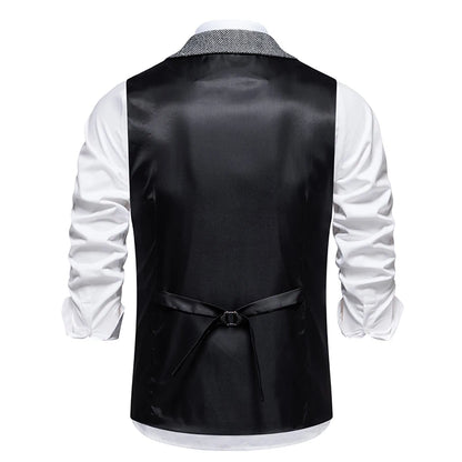 New Men's Retro Lapel Vest Herringbone Coarse Tweed Pockets Suit Vest British Casual Vintage Gentleman Leisure Party Bar Banquet
