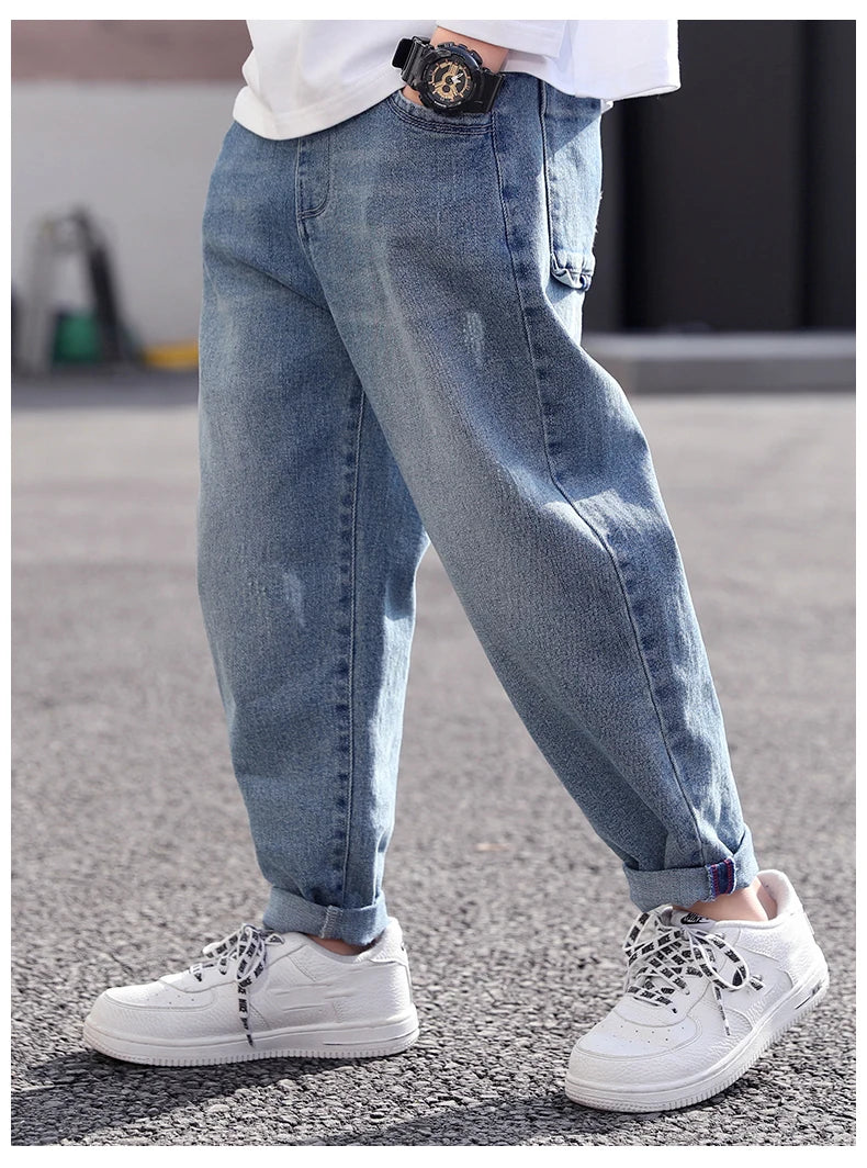 IENENS Spring Light Blue Children's Jeans Boy Denim Trousers Kids Clothes Baby Boys Elastic Waist Pants Slim Jeans For Boy