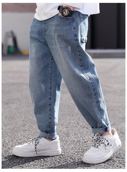 IENENS Spring Light Blue Children's Jeans Boy Denim Trousers Kids Clothes Baby Boys Elastic Waist Pants Slim Jeans For Boy