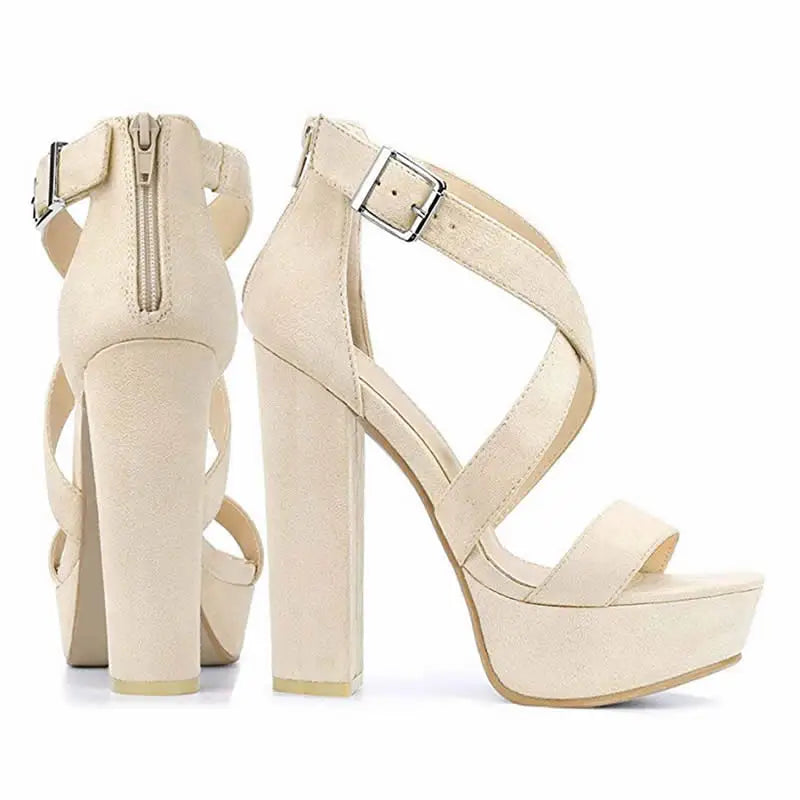 LOSLANDIFEN Women's Open Toe Cross Strap Buckle Wedge Platform Sandals High Heel Chunky Block Heels Dress Party Wedding Shoes