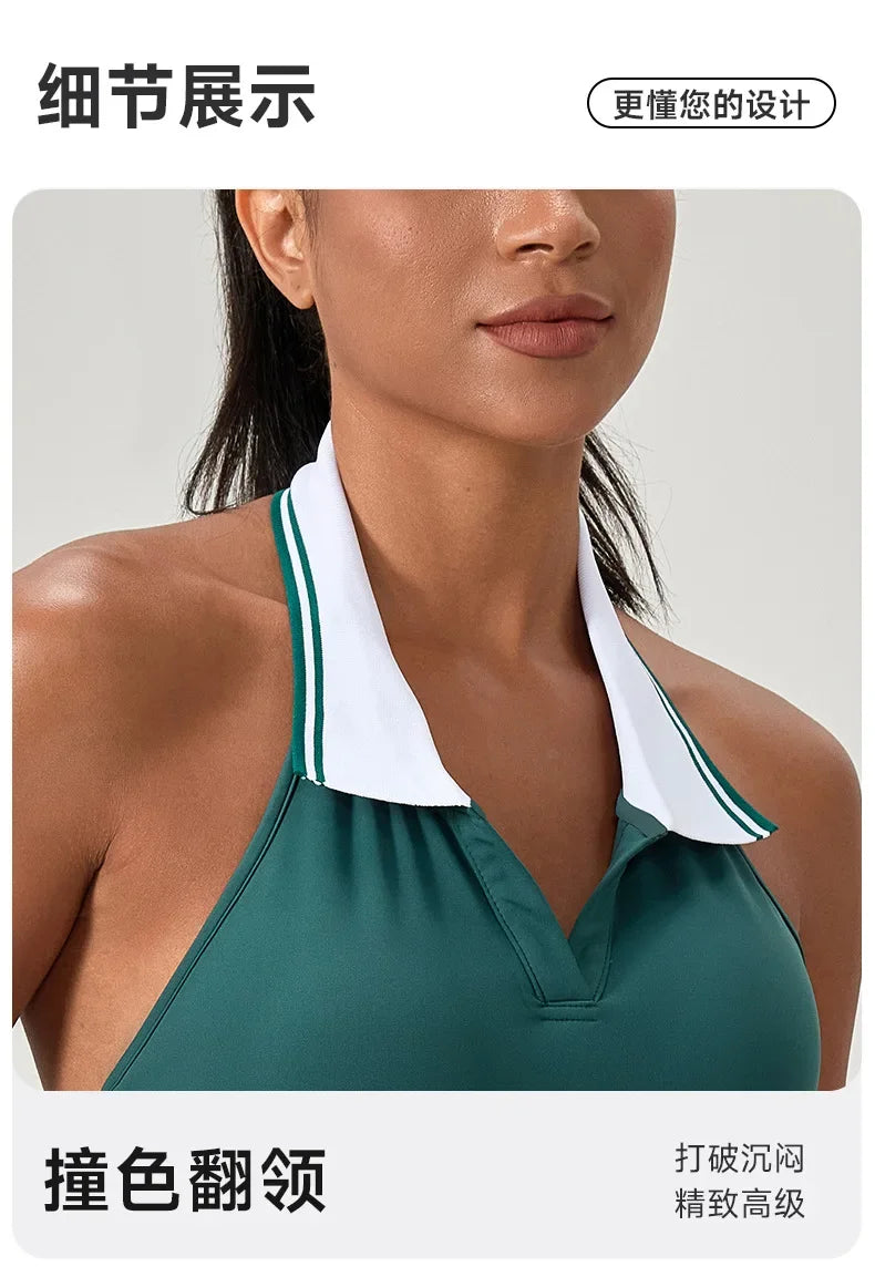 Summer Dress Vest Deep V Hanging Neck Sexy Dress for Women Contrasting Color Lapel Golf Skirt Outdoor Sports Gym Running