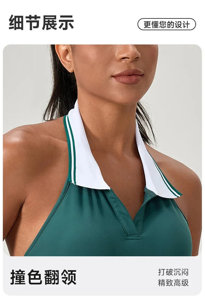 Summer Dress Vest Deep V Hanging Neck Sexy Dress for Women Contrasting Color Lapel Golf Skirt Outdoor Sports Gym Running