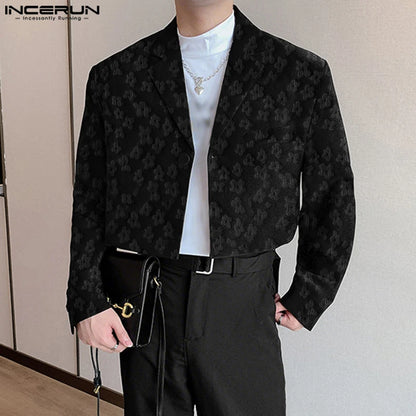 INCERUN Men Blazer Flower Jacquard Lapel Long Sleeve Crop Coats Men Streetwear Autumn 2025 One Button Fashion Casual Male Suit