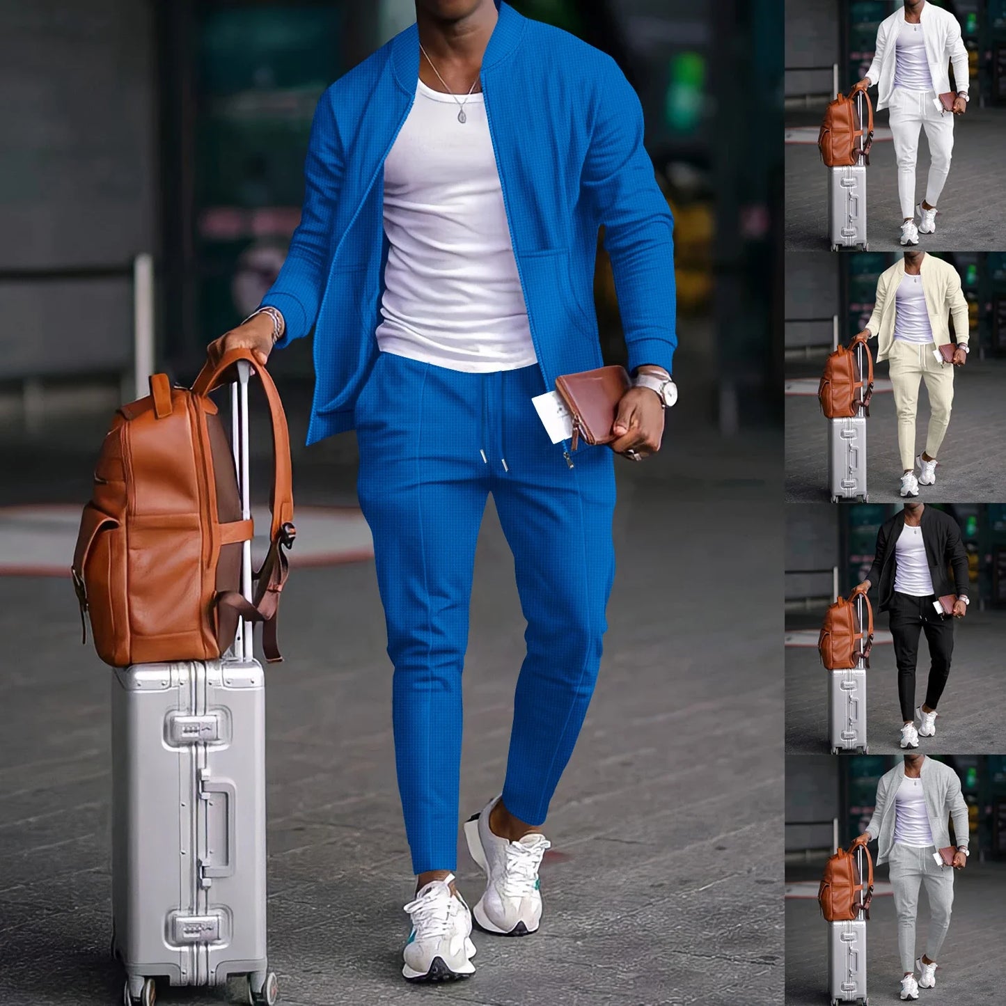 Men's Spring Casual Blazer Set Waffle Baseball Suit round Neck Zipper Long Sleeve Two-Piece Fashion Outfit with Pocket