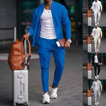 Men's Spring Casual Blazer Set Waffle Baseball Suit round Neck Zipper Long Sleeve Two-Piece Fashion Outfit with Pocket