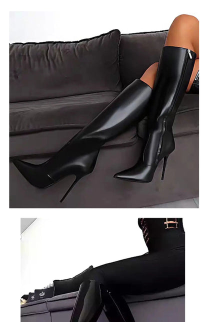 Arden Furtado Patent Leather Skinny boots Pointed toe Side zipper Super high heel Knee high boots Extra large size boots
