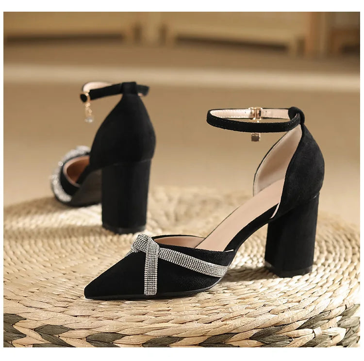 Size 30-44 Chunky Heel Hollow Point Toe High Heels Women Shoes Solid Color Ankle Strap Rhinestone Black Heels