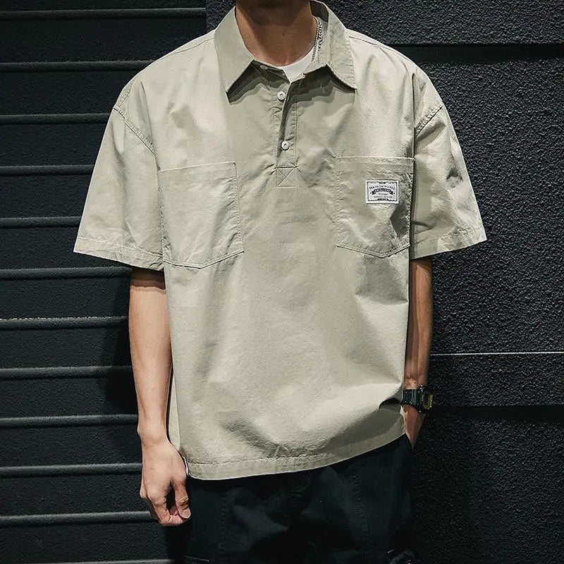 American Retro Men's  irt Summer Loose Workwear ort Sve T-irt Simple Sle Youth Trend ket Design Flat Iron