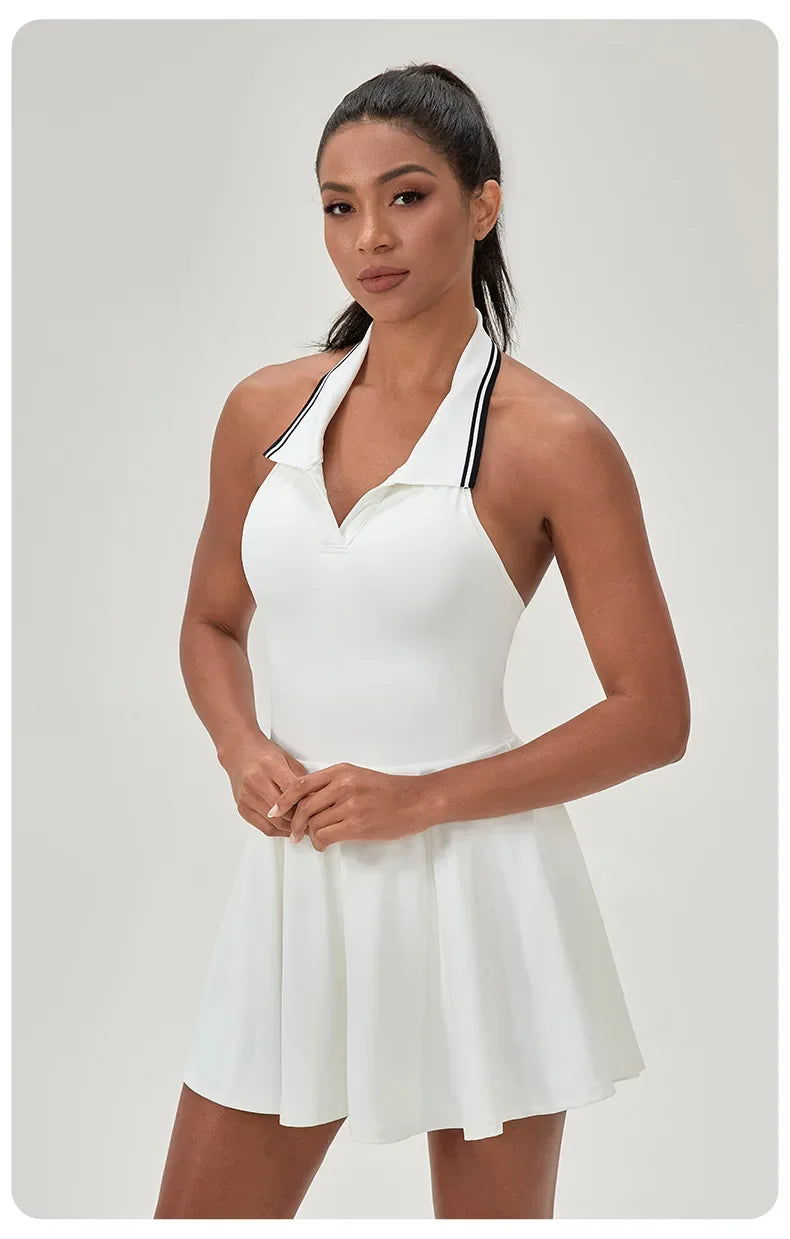 Summer Dress Vest Deep V Hanging Neck Sexy Dress for Women Contrasting Color Lapel Golf Skirt Outdoor Sports Gym Running