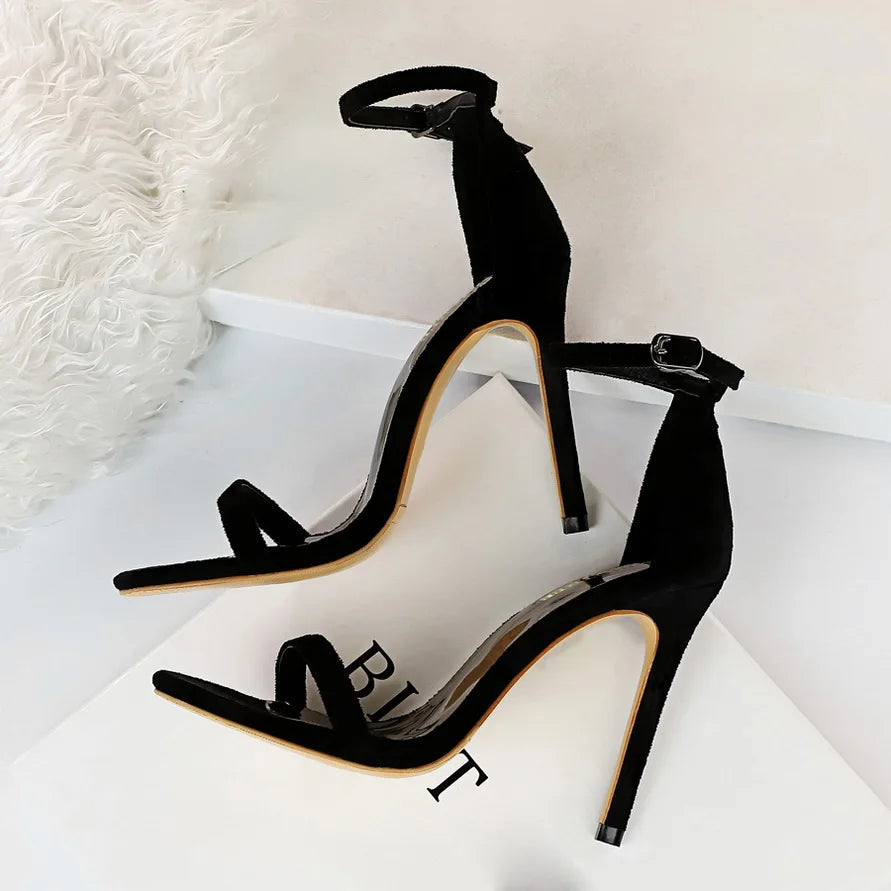 Women 10cm High Heels Flock Stripper Sandals Female Fetish Strappy Red Shoes Lady Valentine Green Summer Classic Sexy Pumps