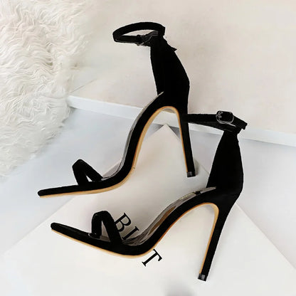 Women 10cm High Heels Flock Stripper Sandals Female Fetish Strappy Red Shoes Lady Valentine Green Summer Classic Sexy Pumps