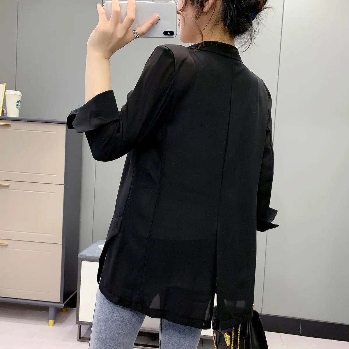 Women Blazer Jacket Cardigan Summer Suit Coat Three Quarter Sleeve Turn Down Collar Office Lady Open Stitch Outerwear 2025