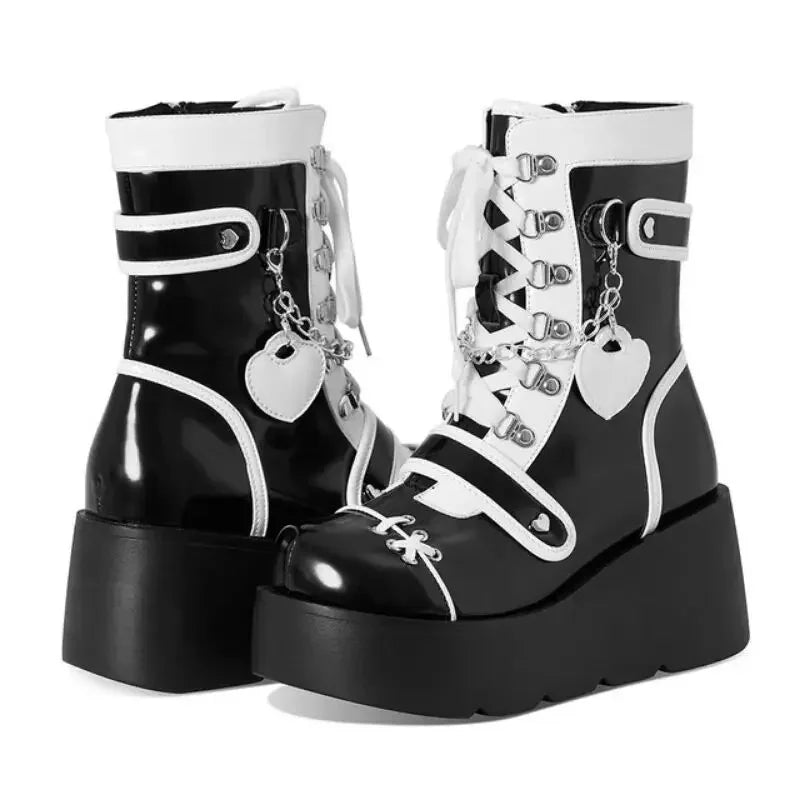 New Gothic Platform Shoes Women's Boots Vampire Role Play Womens Mid-calf Boots Lace Up Wedges Punk Style Botines Para Mujeres