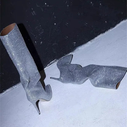 Women Rhinestone Knee High Boots Sexy Lady Pinted Toe Thin Heel Long Boots Woman's Slip-On High Heels Botas Mujer Invierno 2025