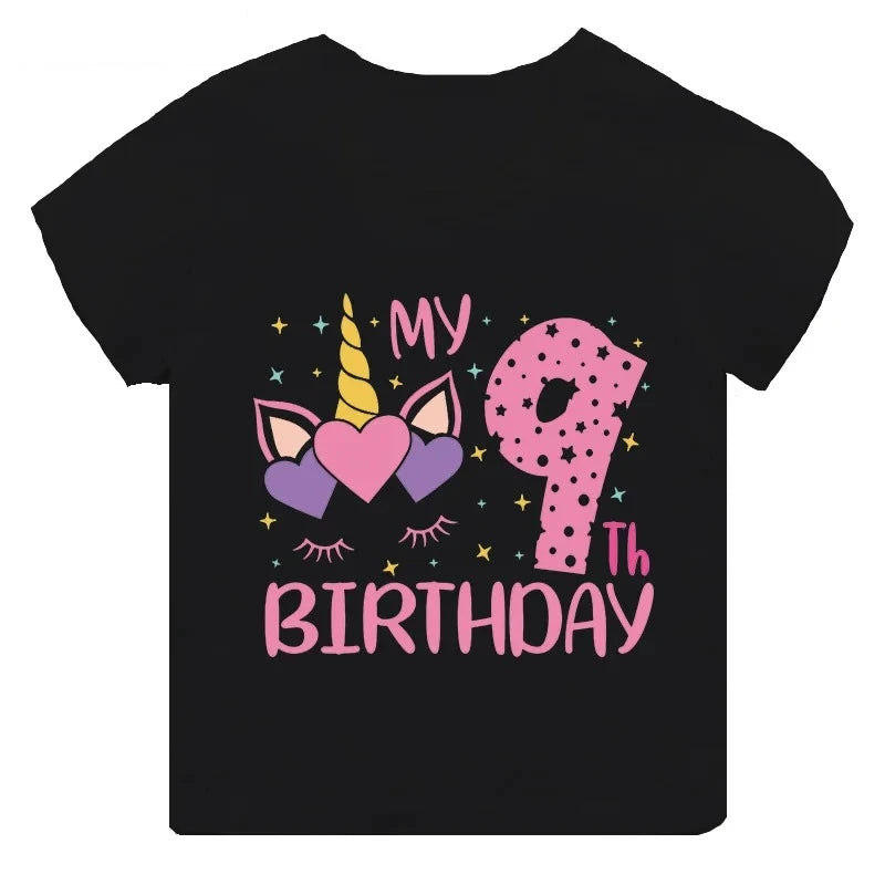 My 1 2 3 4 5 6 7 8 9 Th Years Birthday Unicorn Print Cute Girls Clothes Summer Short Sleeve Kids T Shirt Baby Customize T-Shirts