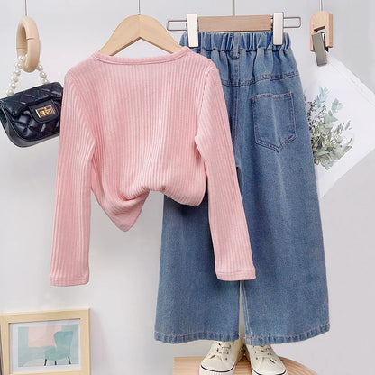 4-12 Years Teenger Girls Clothing Set Autumn Fashion Short Shirt + Letter Jeans 2Pcs Suit For Girl  Children Birthday Present