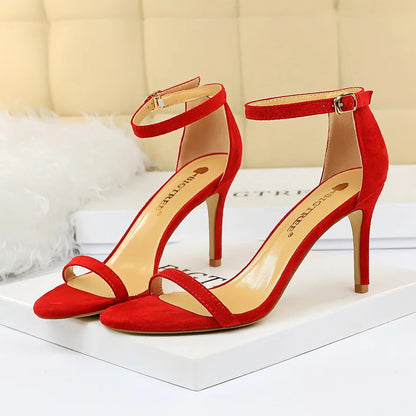 Women 10cm High Heels Flock Stripper Sandals Female Fetish Strappy Red Shoes Lady Valentine Green Summer Classic Sexy Pumps