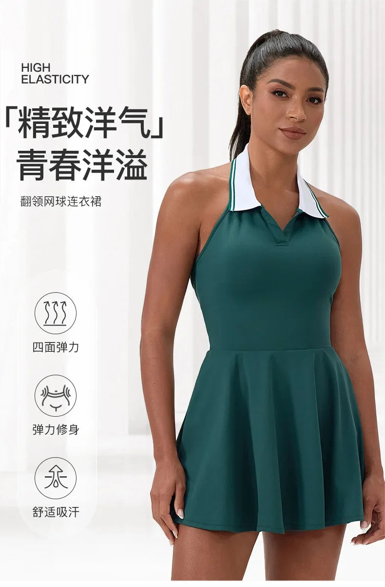 Summer Dress Vest Deep V Hanging Neck Sexy Dress for Women Contrasting Color Lapel Golf Skirt Outdoor Sports Gym Running