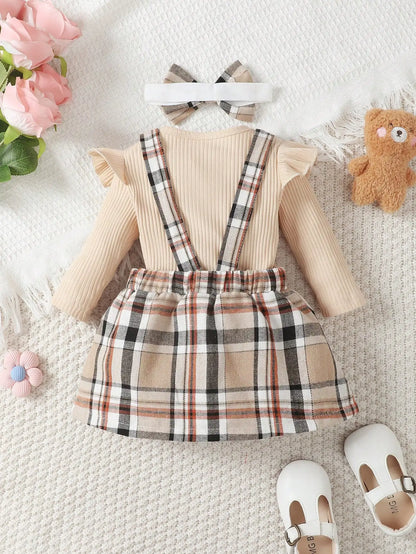 Baby Girl and Child Spring and Autumn Apricot Round Neck Lotus Leaf Edge Little Bear Long Sleeve jumpsuit and Bow Grid Strap Ski