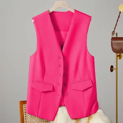 Vest Women Sleeveless Jacket Waistcoat V Neck Single Breasted Tops Outerwear Spring Summer Female 2025 Office Lady Vintage Coat