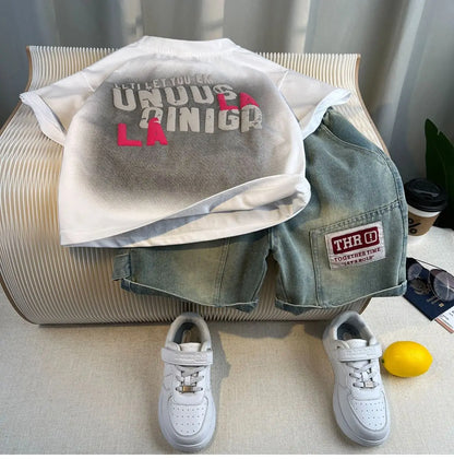Hot Sale Fashion Baby Boy Suit Summer Clothes Short Sleeve T-shirt Short Jeans 2 Piece Set Kids Outfit 2-11Y Children's Costume