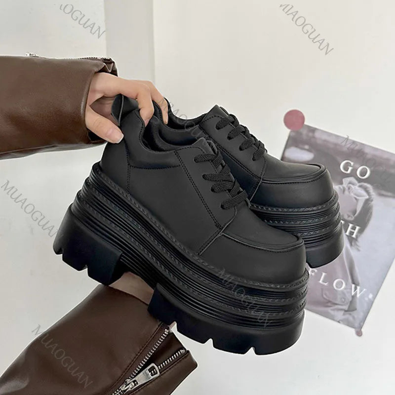 Women Platfrom Pumps Shoes Black Lace-up Leather Female British Style Spring Autumn New Heightening High Heels Mary Jane Loafers