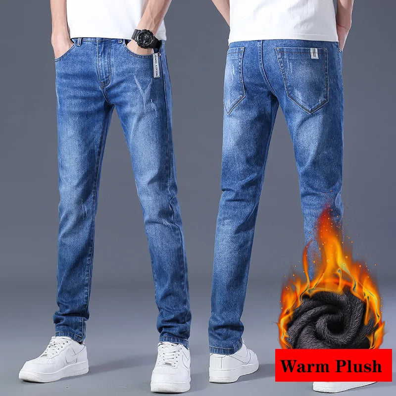 Winter Men Thermal Jeans Snow Warm Stretch Straight Jeans Man Fleece Denim Long Pants Narrow Leg Slim Fit Blue Black Trousers