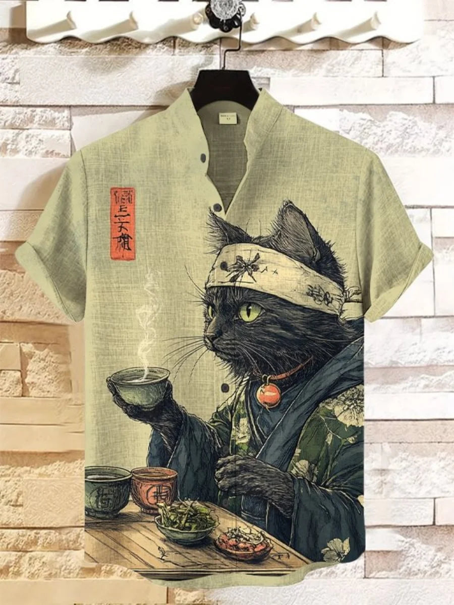New cartoon cat-themed short-sleeved shirt, summer retro men's art print shirt, casual vacation streetwear