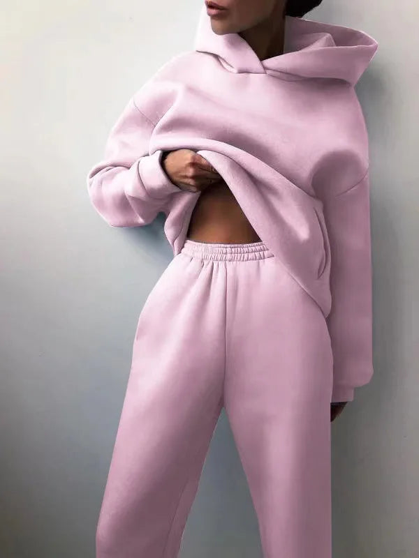 Two Piece Pant Sets Women Solid Thick Sweatshirts Hooded Full Sleeve Elastic Waist Spliced Long Pants Pockets Casual Suits