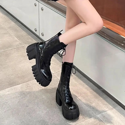 Fashion Platform Mid-calf Boots Black Thick High Heel Punk Short Boots Goth Style Cool Girl Spring Autumn Street Women's Shoes