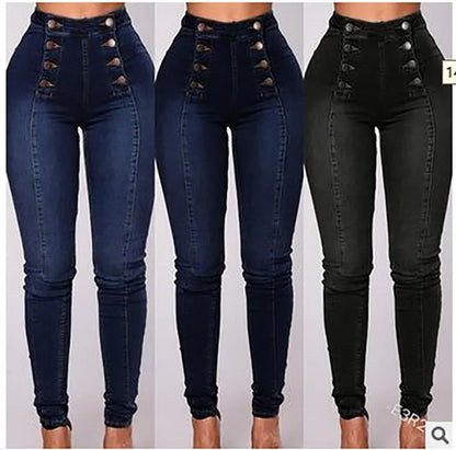 Denim Pencil Pants Women Vintage Jeans High Waist Washed Double Breasted Pockets Basics Ankle Length Trousers 2025 Streetwear