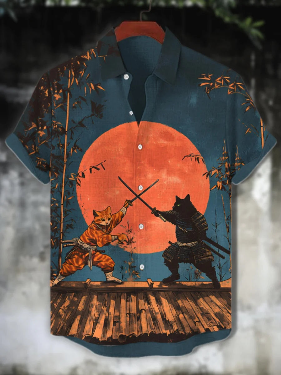 New cartoon cat-themed short-sleeved shirt, summer retro men's art print shirt, casual vacation streetwear