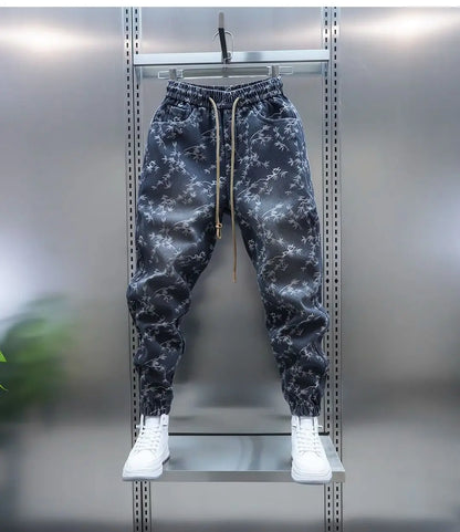 Trendy Men's Spring and Summer New Jeans Light Blue Heavy Industry Jacquard Leggings Thin Designer Luxury Elastic Waist Pants