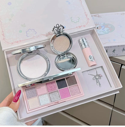 NICEKEY Pink Ballet Makeup Box Include 1*Lip mud,1*Pressed Powder,1*Highlight Powder,1*Eyeshadow Palette Powder With Necklace