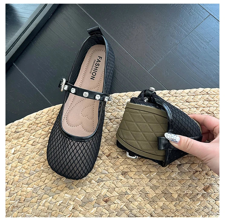 Mesh Breathable Flat Mary Jane Shoes Women Fashion Square Toe Soft Bottom Sandals Comfort Buckle Designer Ballet Shoe for Ladies