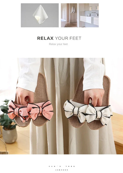 Women Summer Casual Slides Comfortable Flax Slippers Striped Bow Linen Flip Flops Platform Sandals Ladies Indoor Shoes  slippers