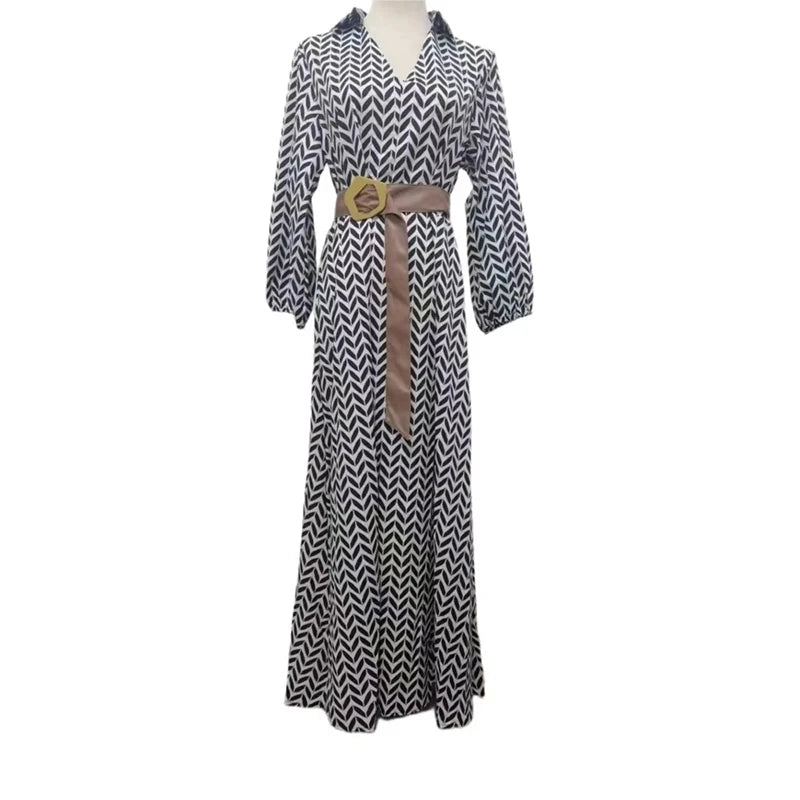 Spring Autumn New Dress Vintage Elegant Black And White Printed V Neck Slim Dresses Fashion Gather Together Slim Long Vestidos
