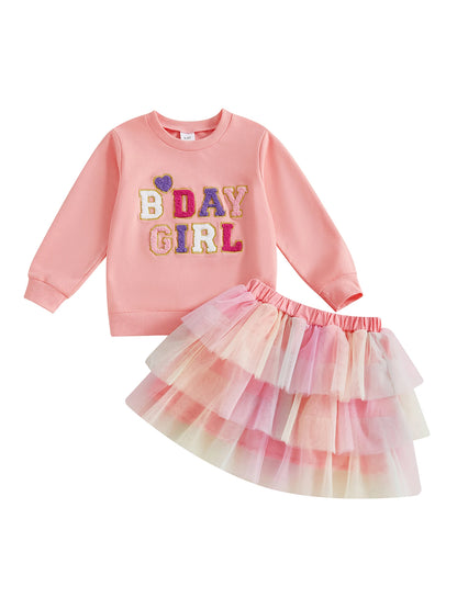 Citgeett Autumn Kids Toddler Girl Birthday Outfit Heart Letter Embroidered Long Sleeve Sweatshirt Contrast Tulle Skirt Set