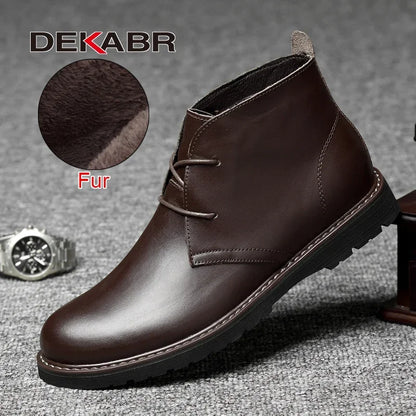 DEKABR Autumn Winter Warm Fur Ankle Boots Business Genuine Leather Mens Boots New Comfortable Soft Handmade Plus Size 48