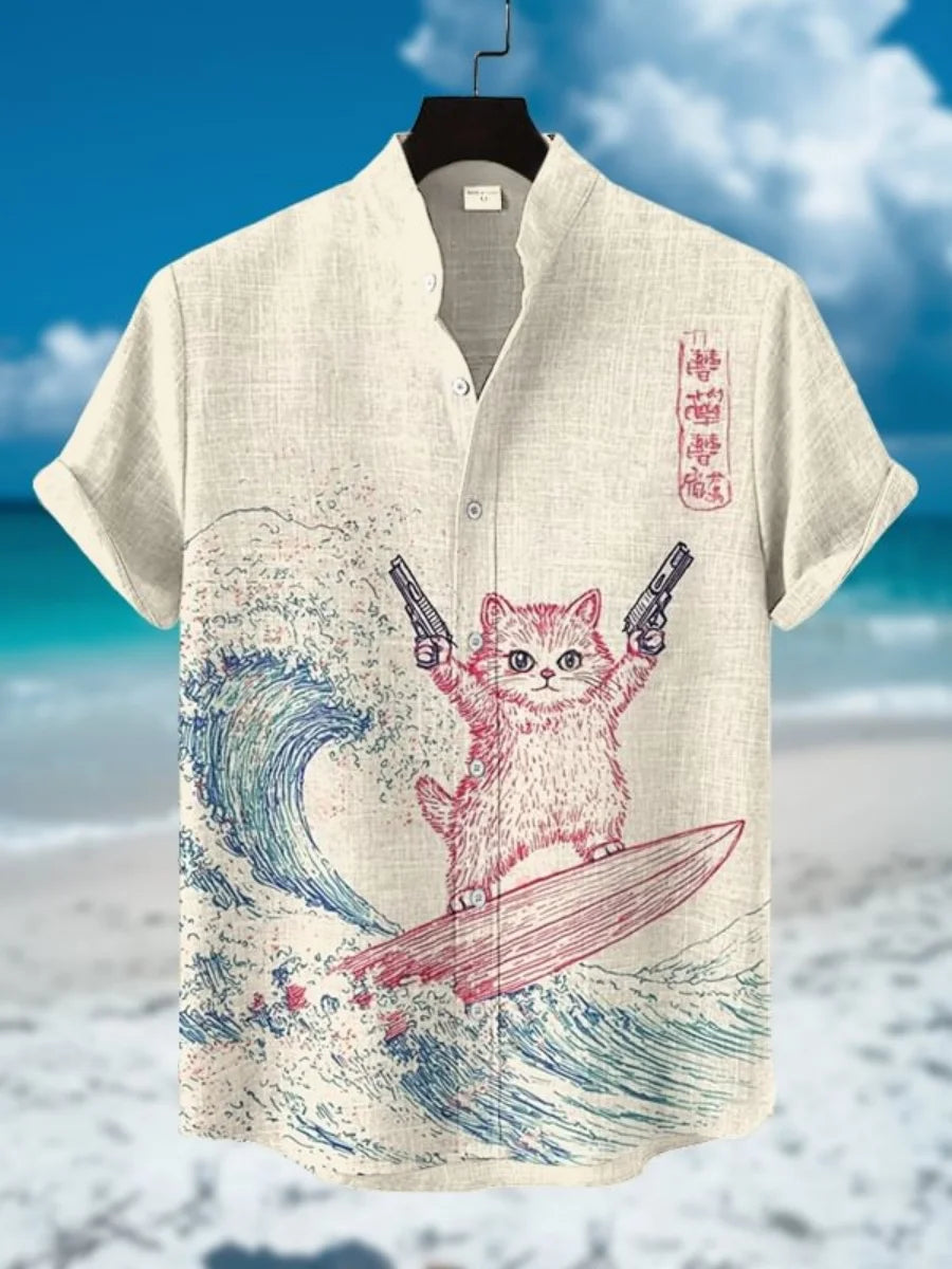 New cartoon cat-themed short-sleeved shirt, summer retro men's art print shirt, casual vacation streetwear