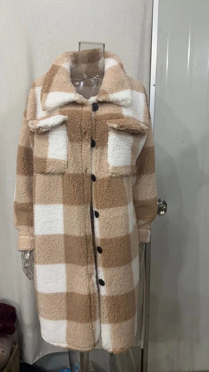 Cardigan 2023 Autumn Long Sleeved Turn-down Collar Plush Plaid Coat Loose Temperament Commuter Longline Jacket Women Outerwear