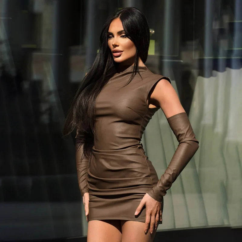 Talenza Women's Leather Vest Dress Sexy PU Leather Vest Short Dress Solid Gloves Pleated Sleeveless Street Y2k Party Club Dress