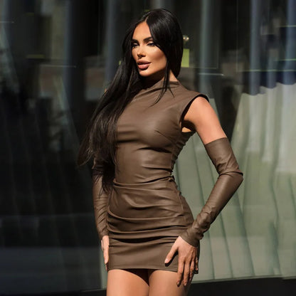 Talenza Women's Leather Vest Dress Sexy PU Leather Vest Short Dress Solid Gloves Pleated Sleeveless Street Y2k Party Club Dress