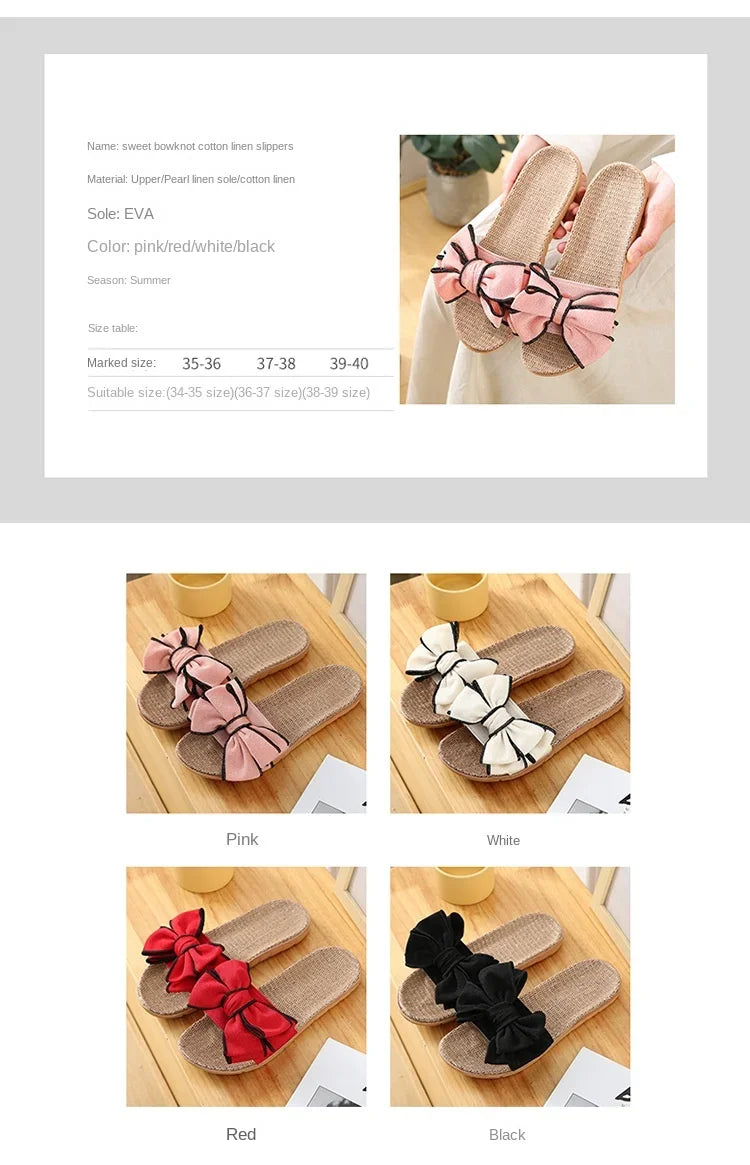 Women Summer Casual Slides Comfortable Flax Slippers Striped Bow Linen Flip Flops Platform Sandals Ladies Indoor Shoes  slippers