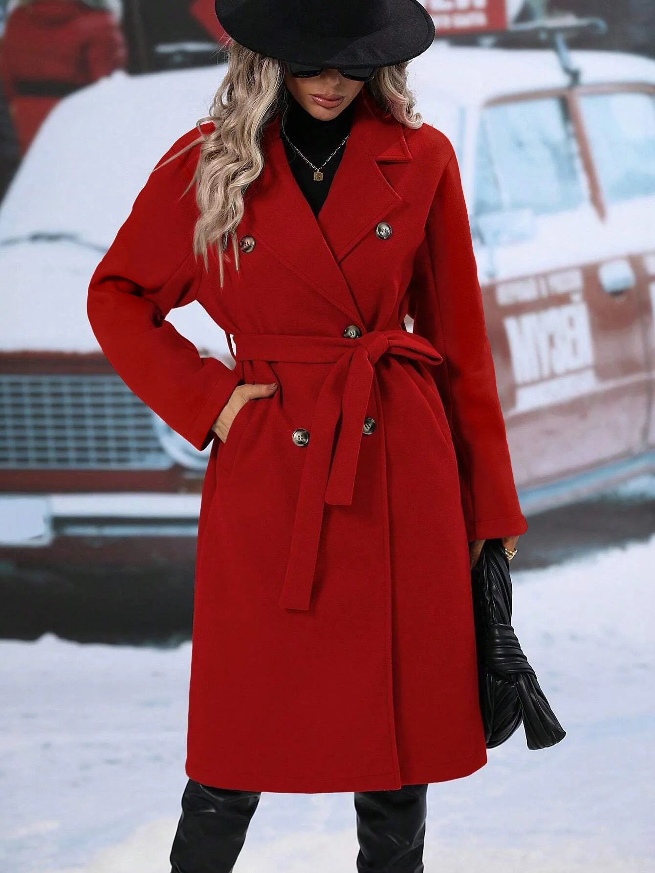 Women Turn Down Collar Thick Midi Length Wool Coat Pockets Casual Full Sleeve Double Breasted Blends Coats 2025 Autumn Winter