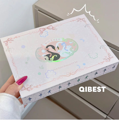 NICEKEY Pink Ballet Makeup Box Include 1*Lip mud,1*Pressed Powder,1*Highlight Powder,1*Eyeshadow Palette Powder With Necklace