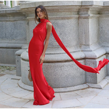 Ribbon Satin Long Party Dress Women Elegant Solid Sleeveless Female Backless Dresses 2026 Summer Autumn Lady Evening Club Gowns