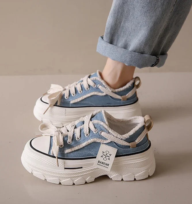 2025 Autumn New Women's Canvas Shoes Round Head Thick Soles Fringed Denim Casual Shoes Increased Height Sports